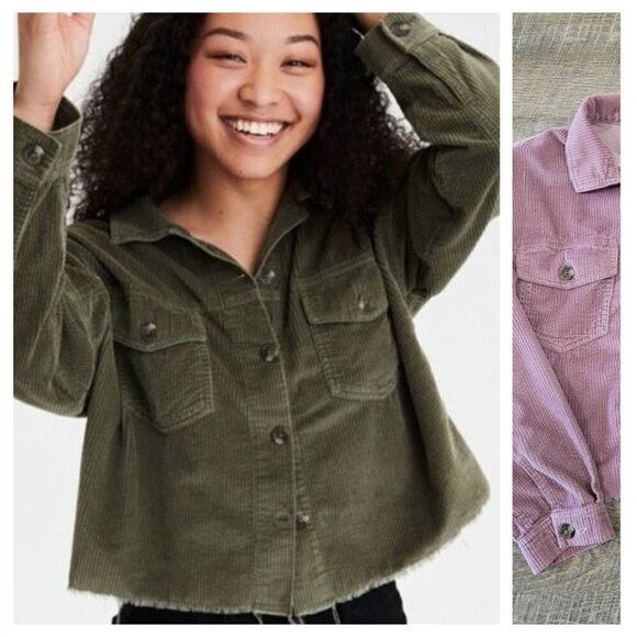 AMERICAN EAGLE | Corduroy Cropped Raw Hem Button Up Shacket | Sz. S - Picture 1 of 6